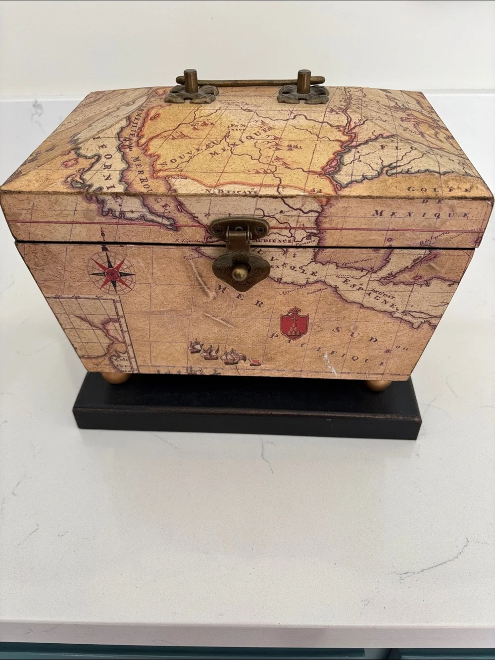 Wooden Vintage  Map Storage Box - Beige Brown